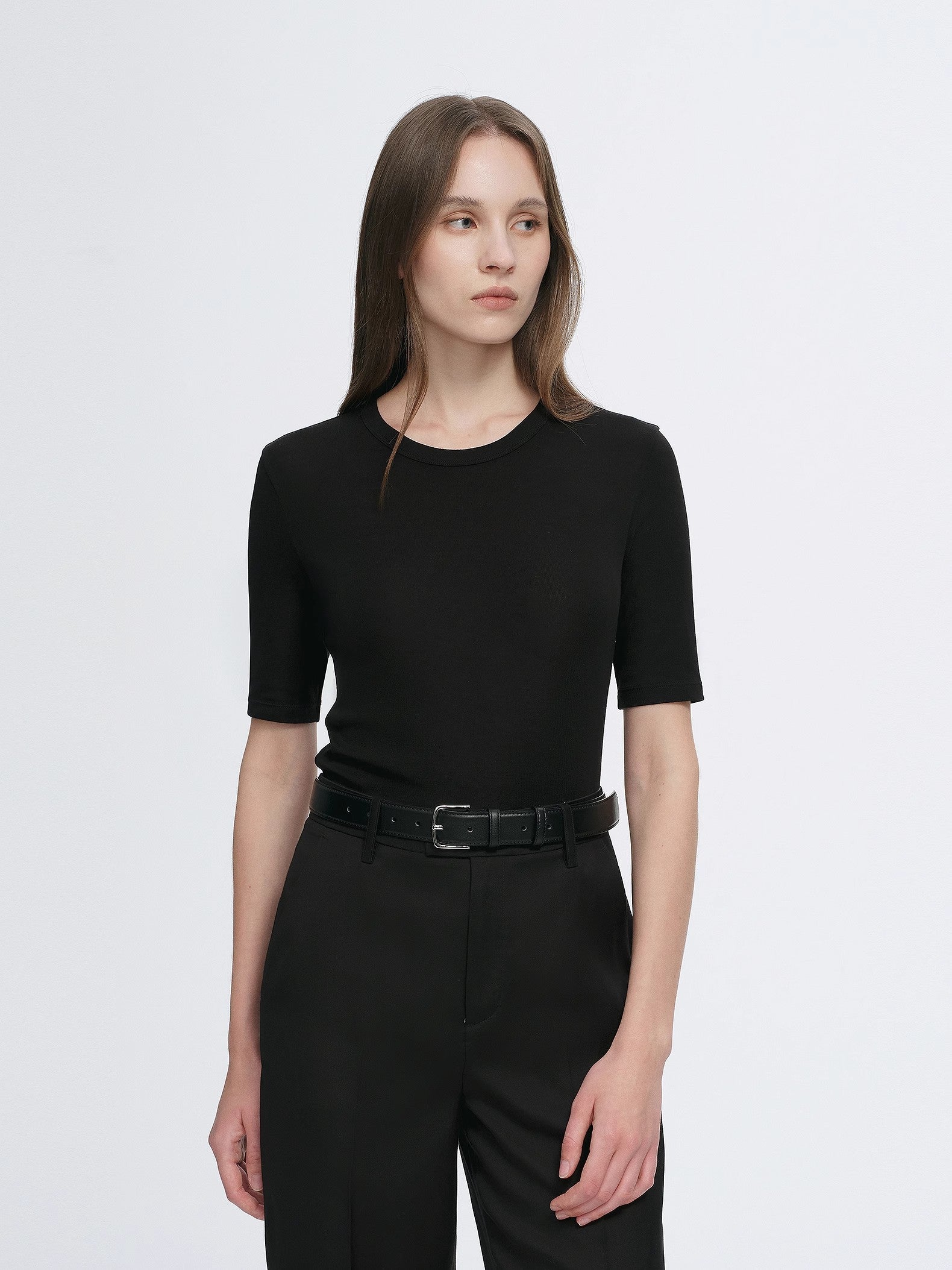 Fitted waist slimming round neck Tencel cashmere versatile short-sleeved T-shirt