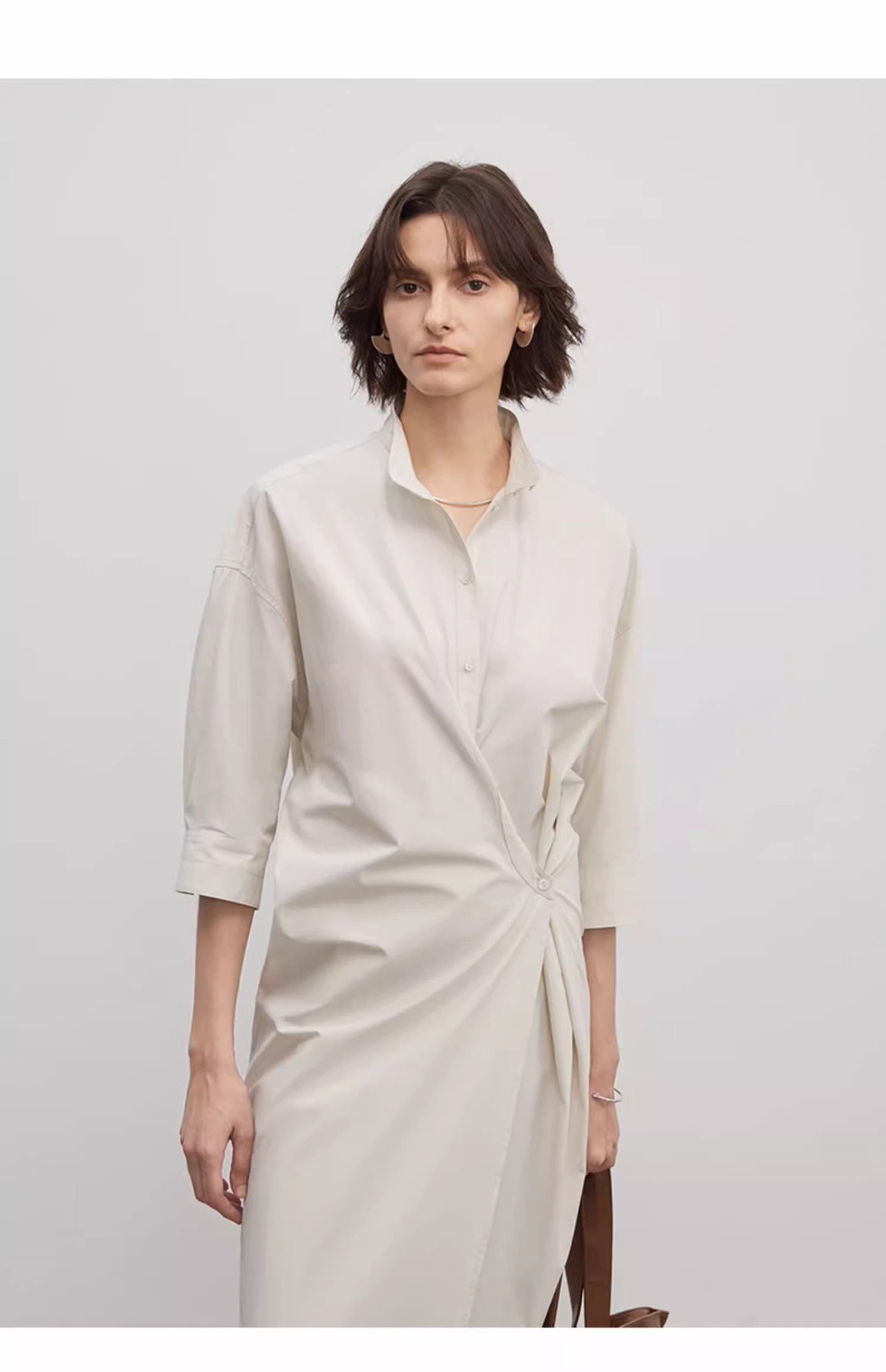 "Origami Narrative" Stand Collar Wrap Dress Women's Mid Sleeve Shirt Dress Long Dress-4