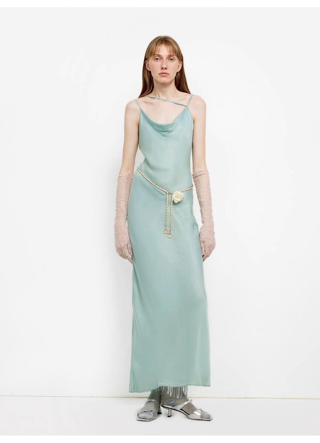 "Island Riddle" Glossy copper-ammonia silk satin light luxury swing collar slim fishtail suspender dress
